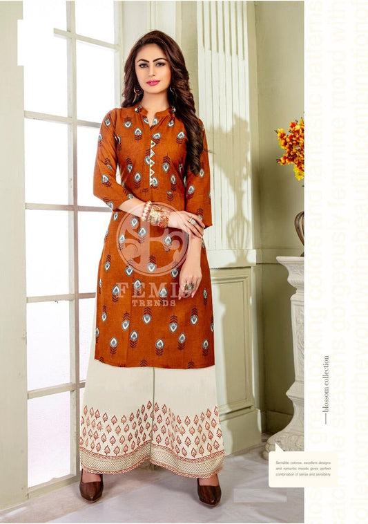 Brown Multicolor Printed Rayon Kurti with Cream Printed Rayon Palazzo