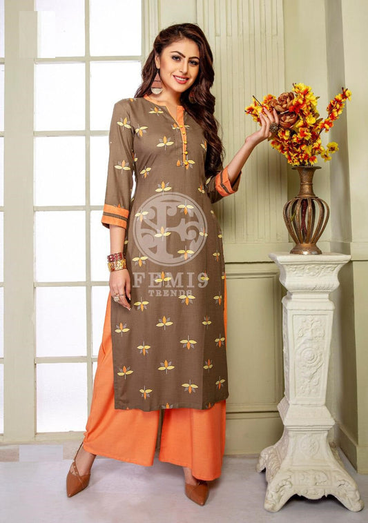 Khakhi Printed Rayon Kurti with Peach Plain Rayon Palazzo