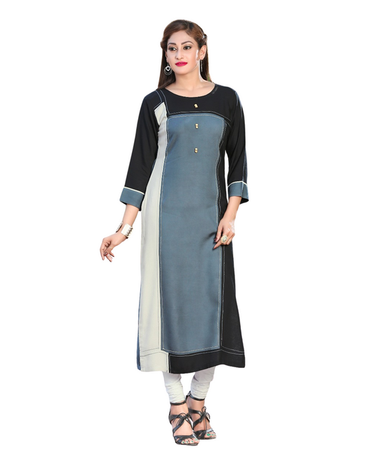 grey black off white and multicolor rayon embroidery work kurti
