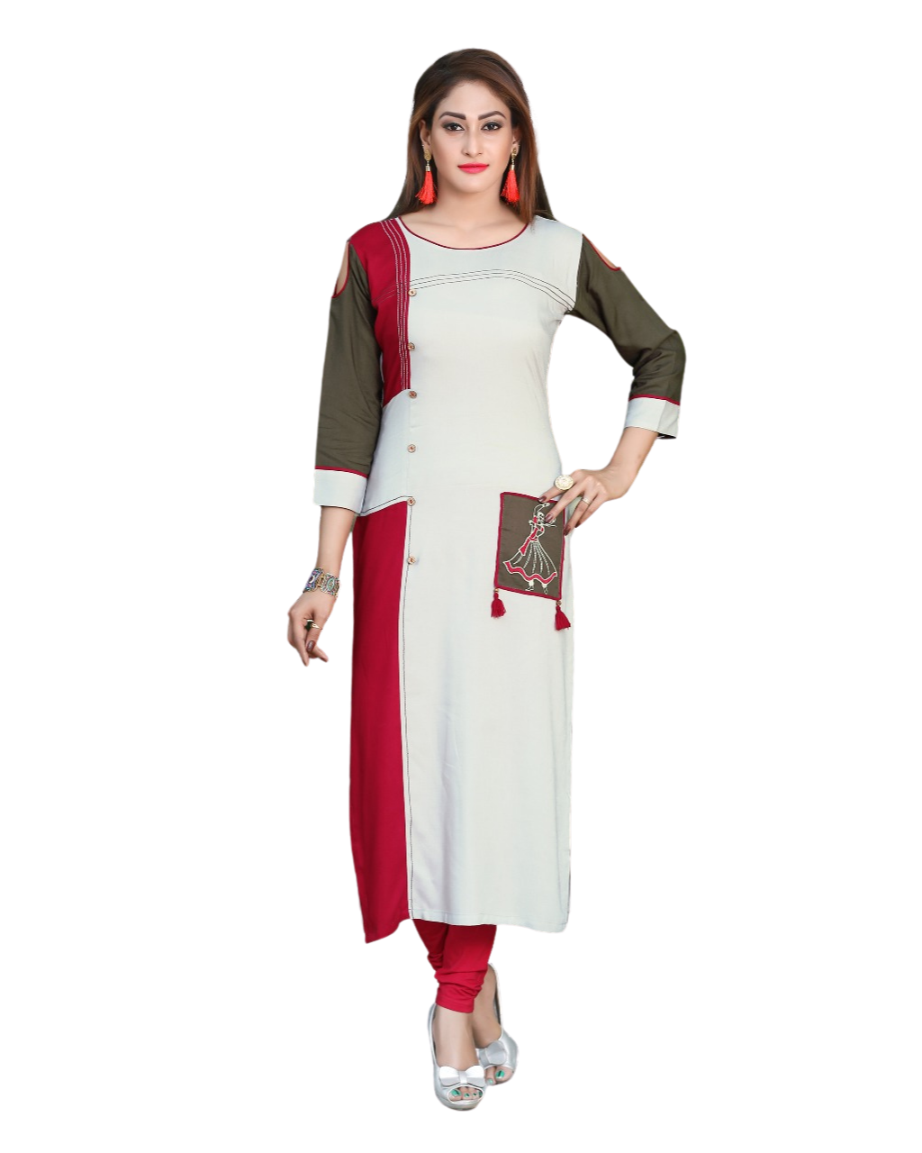 brown red off white rayon patch work straight fit kurti