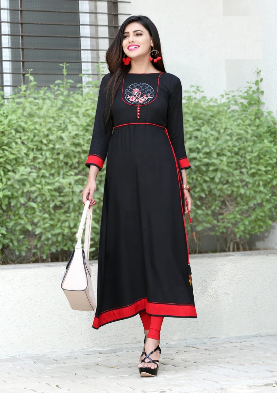 Black Rayon Flex Embroidery Work Long Gown