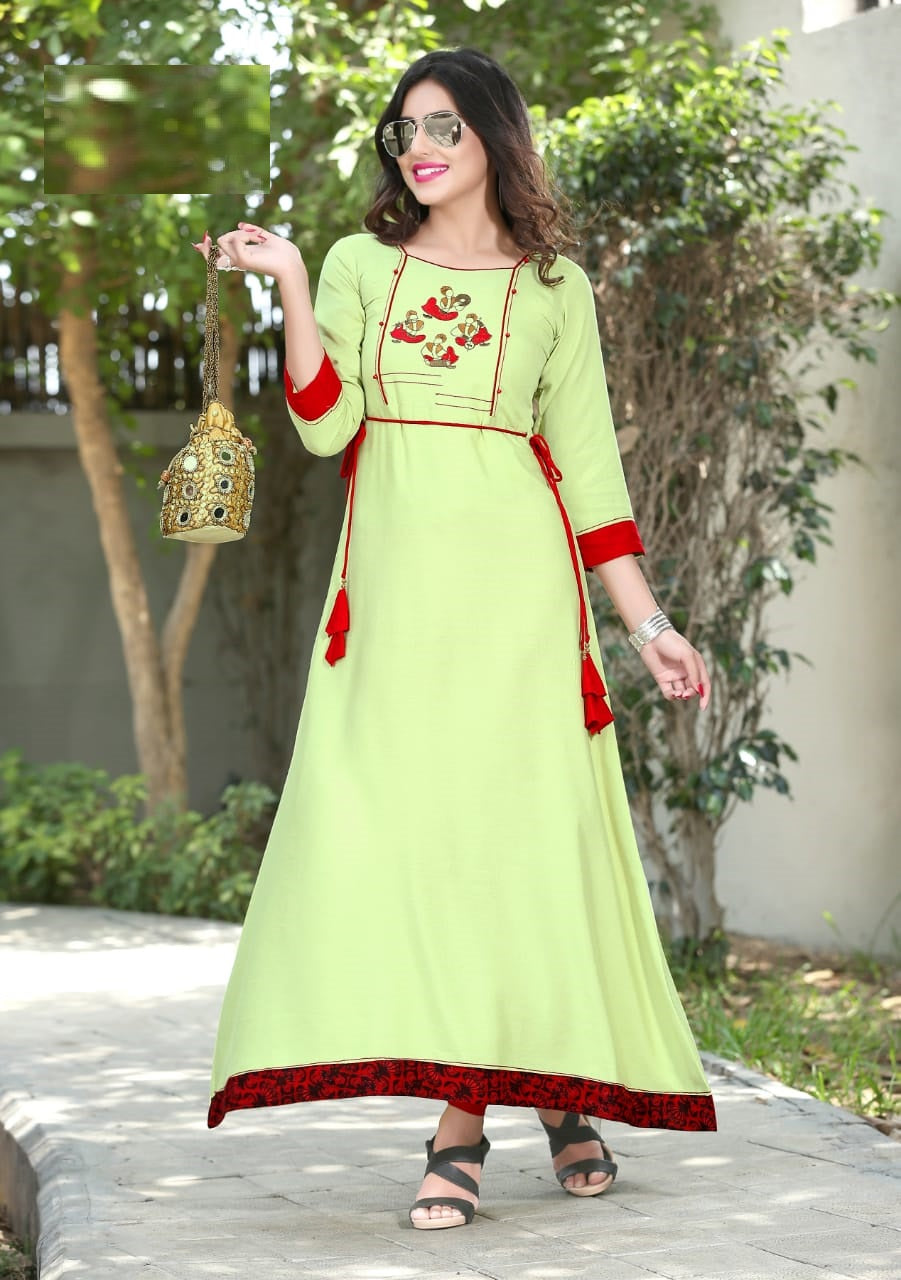 Pista Green Rayon Flex Embroidery Work Long Gown