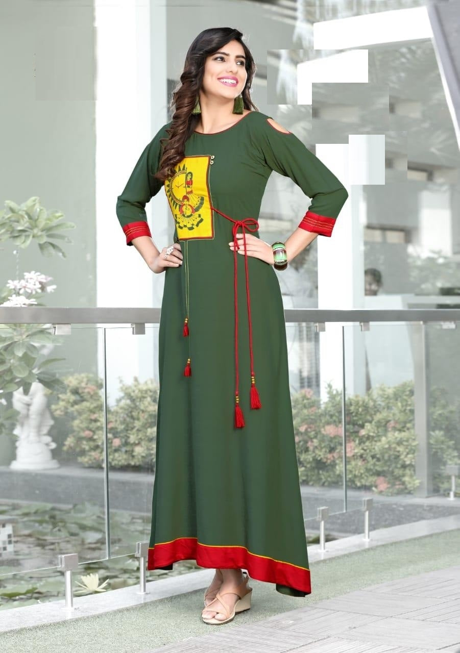 Mehandi Green Rayon Flex Patch Work Long Gown