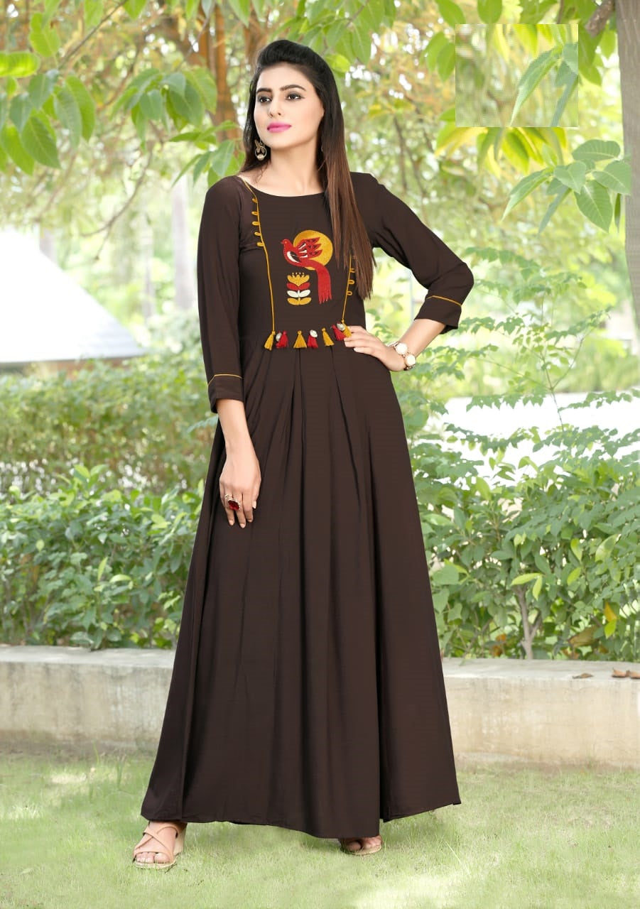 Brown Embroidery Work Heavy Rayon Long Gown