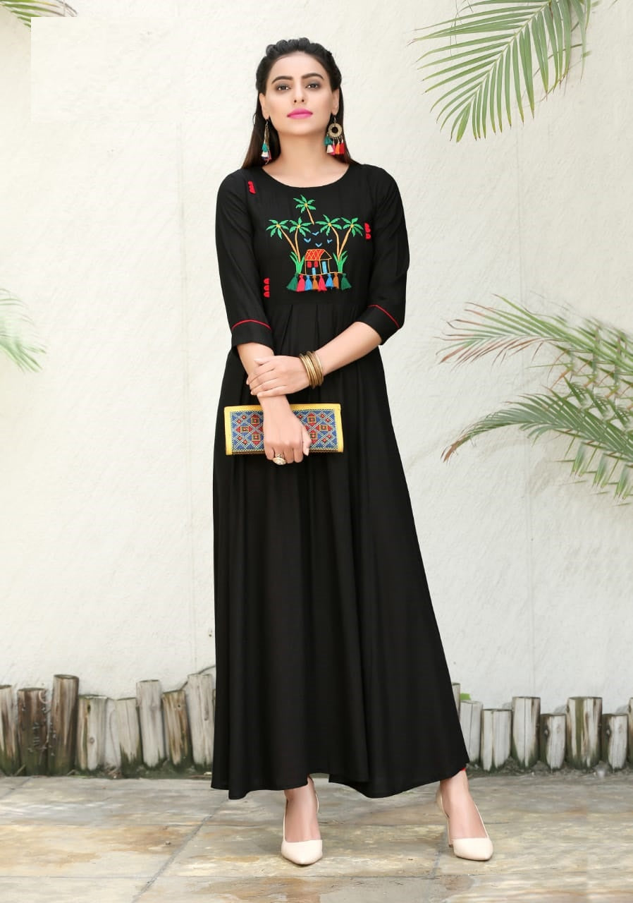 Black Embroidery Work Heavy Rayon Long Gown