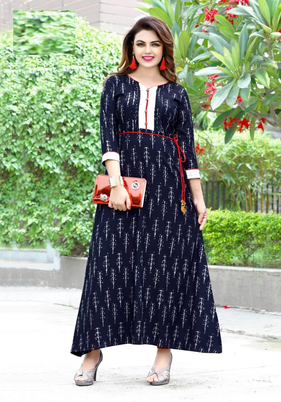 Navy Blue Printed Heavy Rayon Long Gown with Off White Patch Work