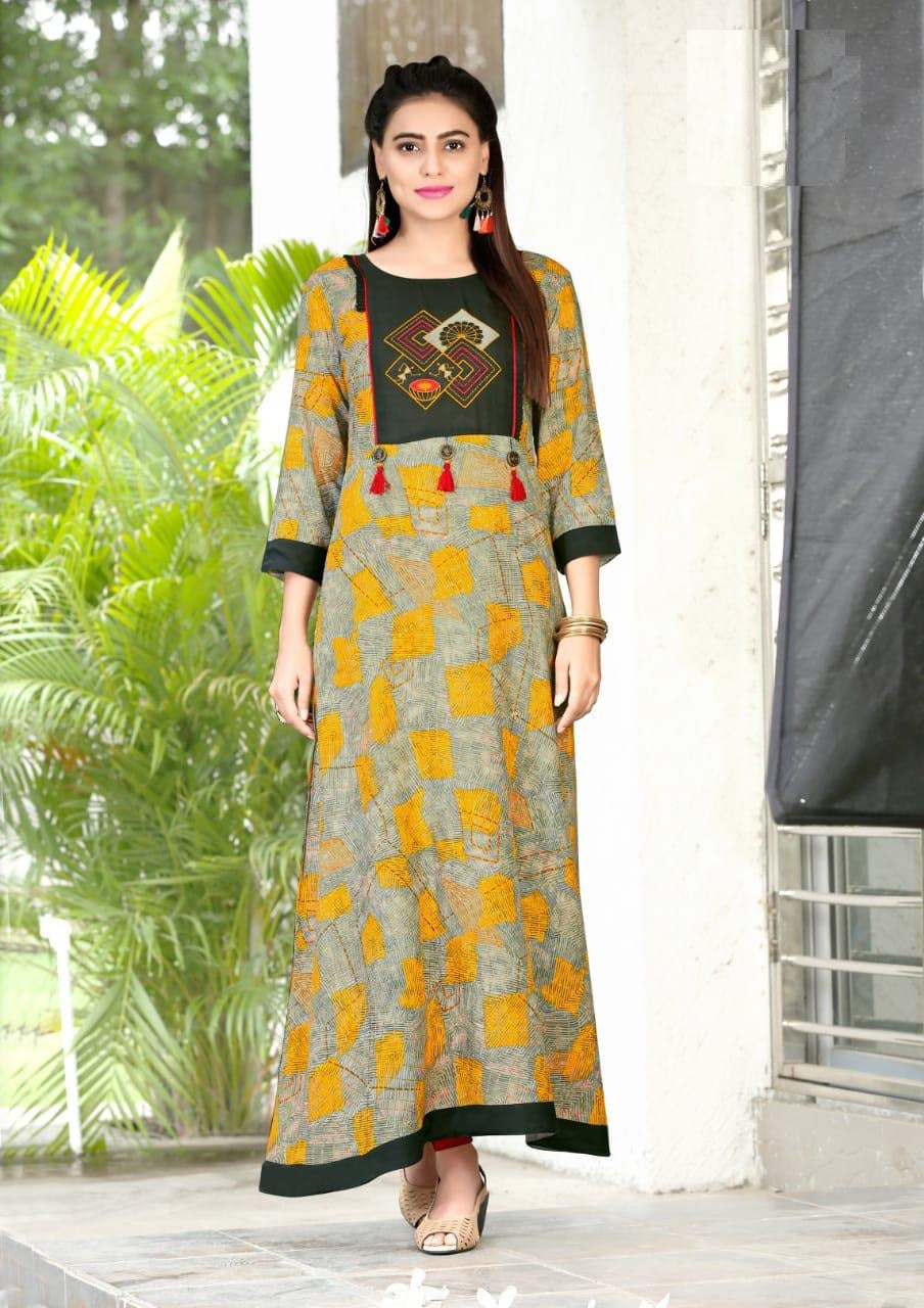 Multicolor Printed Heavy Rayon Long Gown with Bottle Green Patch Work