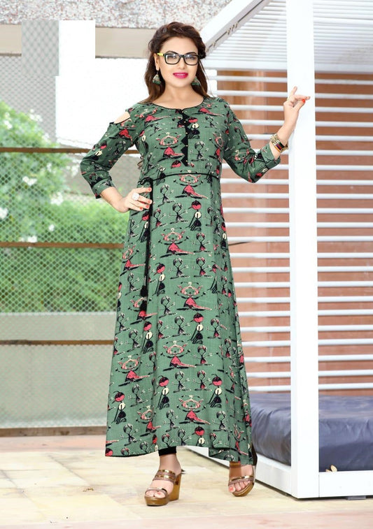 Green Printed Heavy Rayon Long Gown