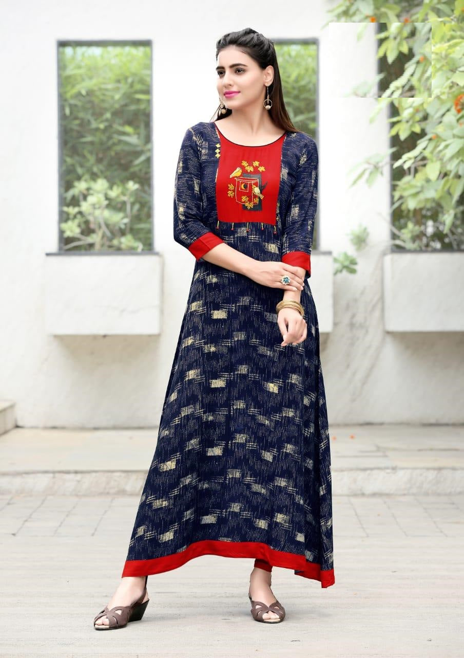 Navy Blue Printed Heavy Rayon Long Gown with Red Patch Work