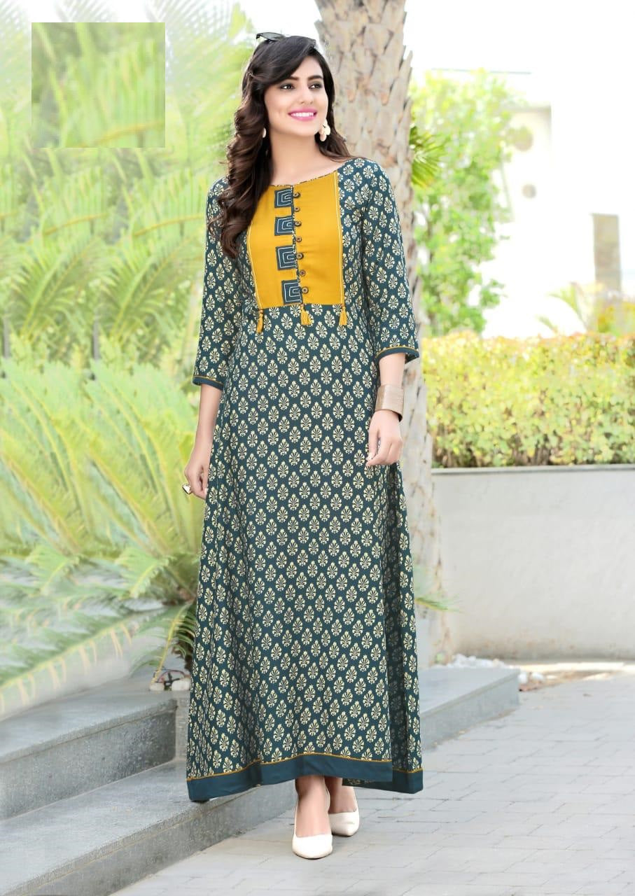 Grey Printed Heavy Rayon Long Gown with Orange Patch Work