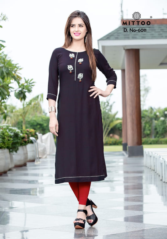 Navy Blue Rayon Slub Embroidery Work Straight Fit Kurti