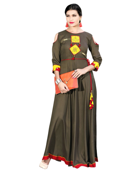 Brown Muslin Silk Long Gown with Yellow Patch Work