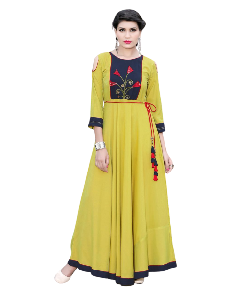 lemon yellow muslin silk long gown with navy blue patch work
