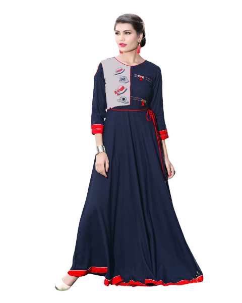 Navy Blue Muslin Silk Long Gown with Grey Patch Work