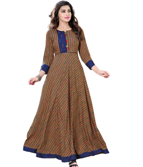Multicolor Printed Muslin Silk Long Gown with Navy Blue Patch Work