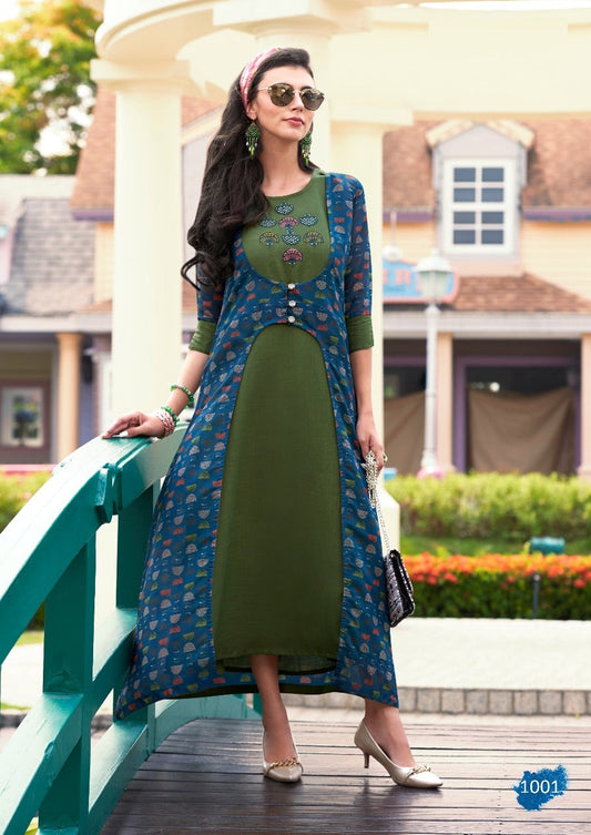 Green Fancy Long A-line Embroidery Work Gown Kurti with Long Blue Printed Shrug