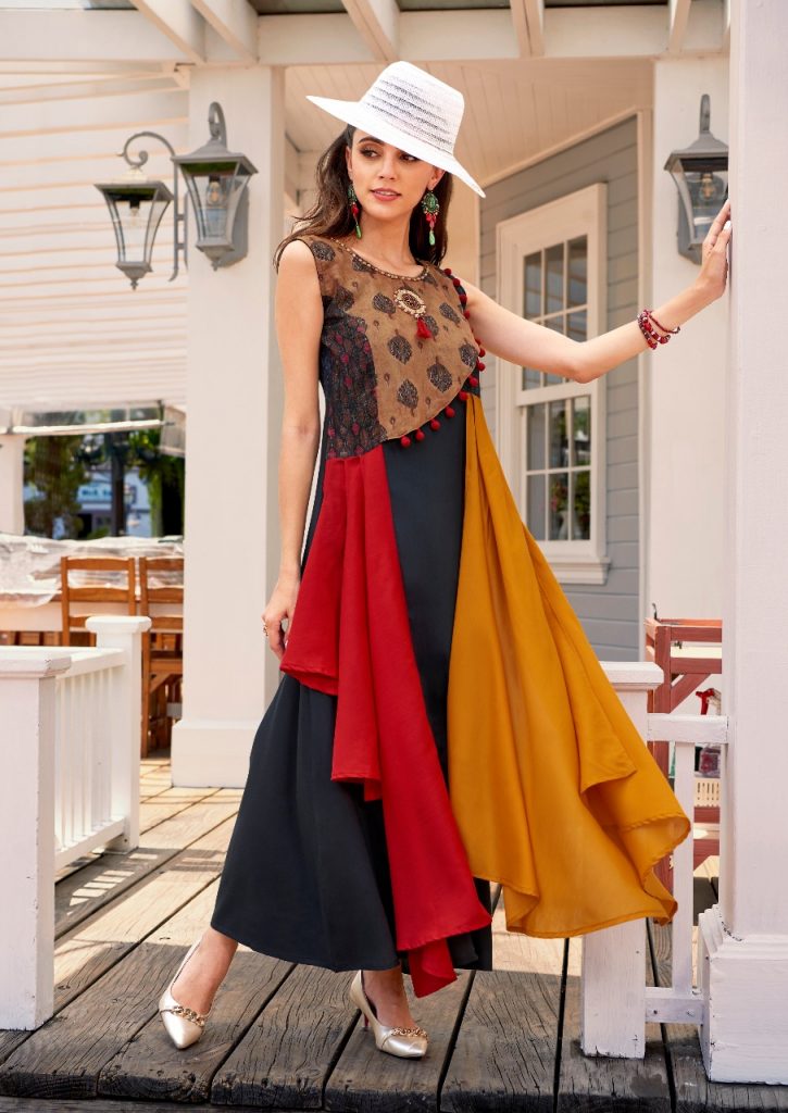 Black, Orange, Red Printed Handwork Long Gown Kurti