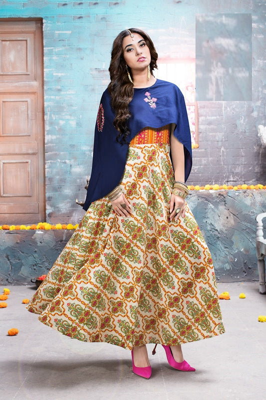 Blue and multicolor Rayon Kurti Super Finest Embroidery Work long flare Kurti with Blue Atttached short Jacket