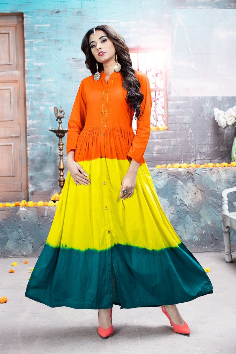 Orange and Multicolor Cotton kurti Traditonal wear flare long kurti chinese collar with front buttons