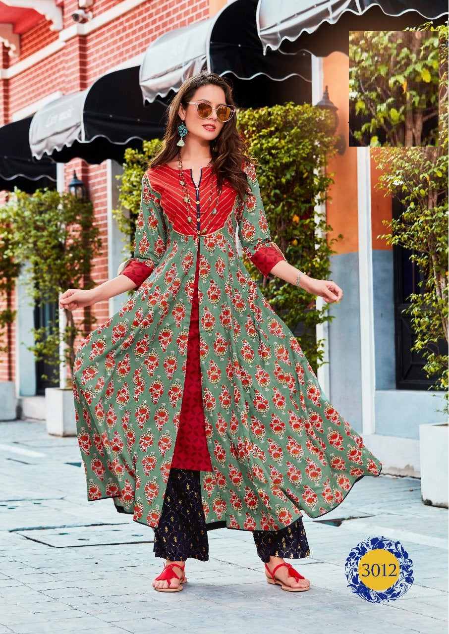 Red and Green Cotton front cut A- line kurti printed with front buttons long kurti