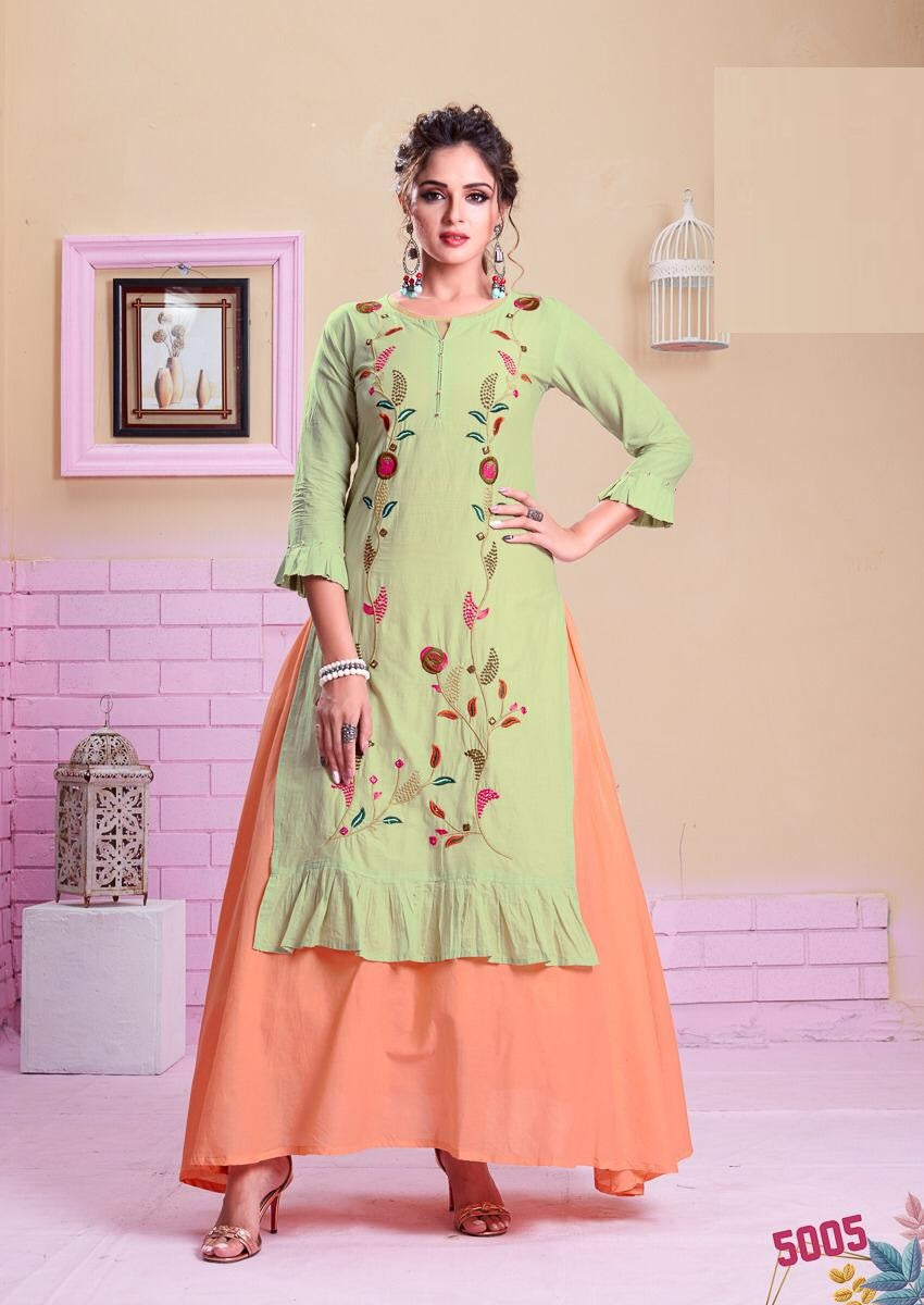 Green Cotton straight Kurti with peach long inner Embroidery work Indo western kurti