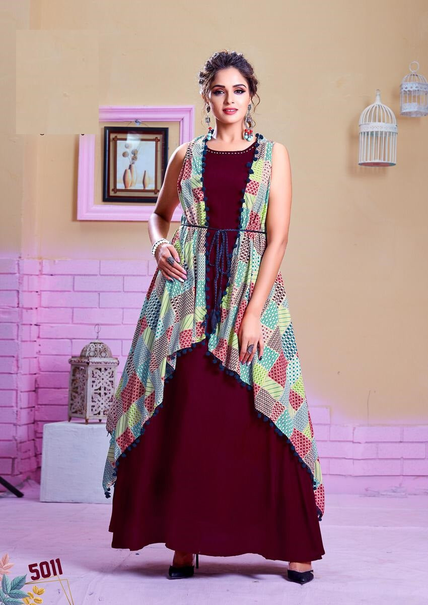 Maroon Rayon A- line Kurti handwork with Multicolor printed Gota patti lace Shrug Indo western wear