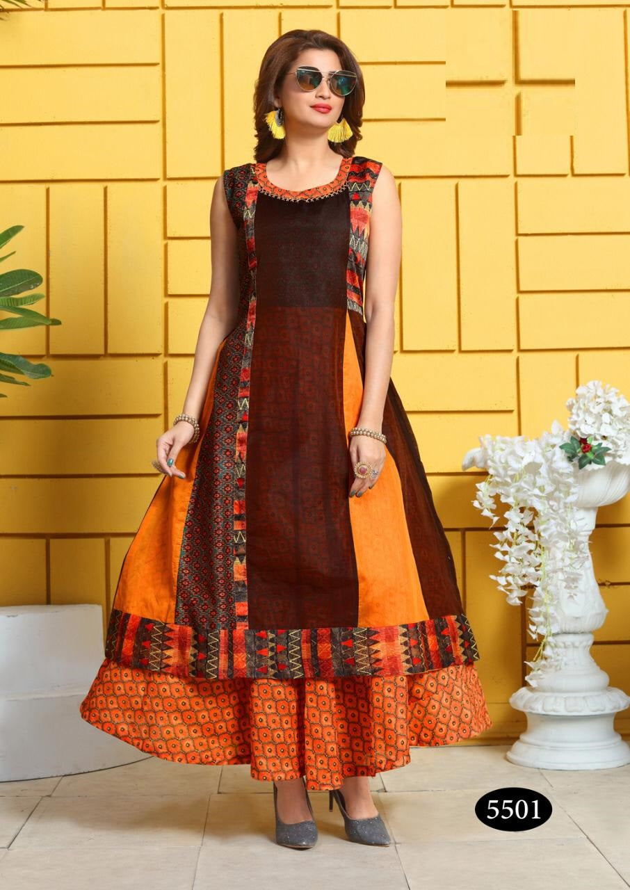 Orange and Multicolor Muslin Gown Style Kurti