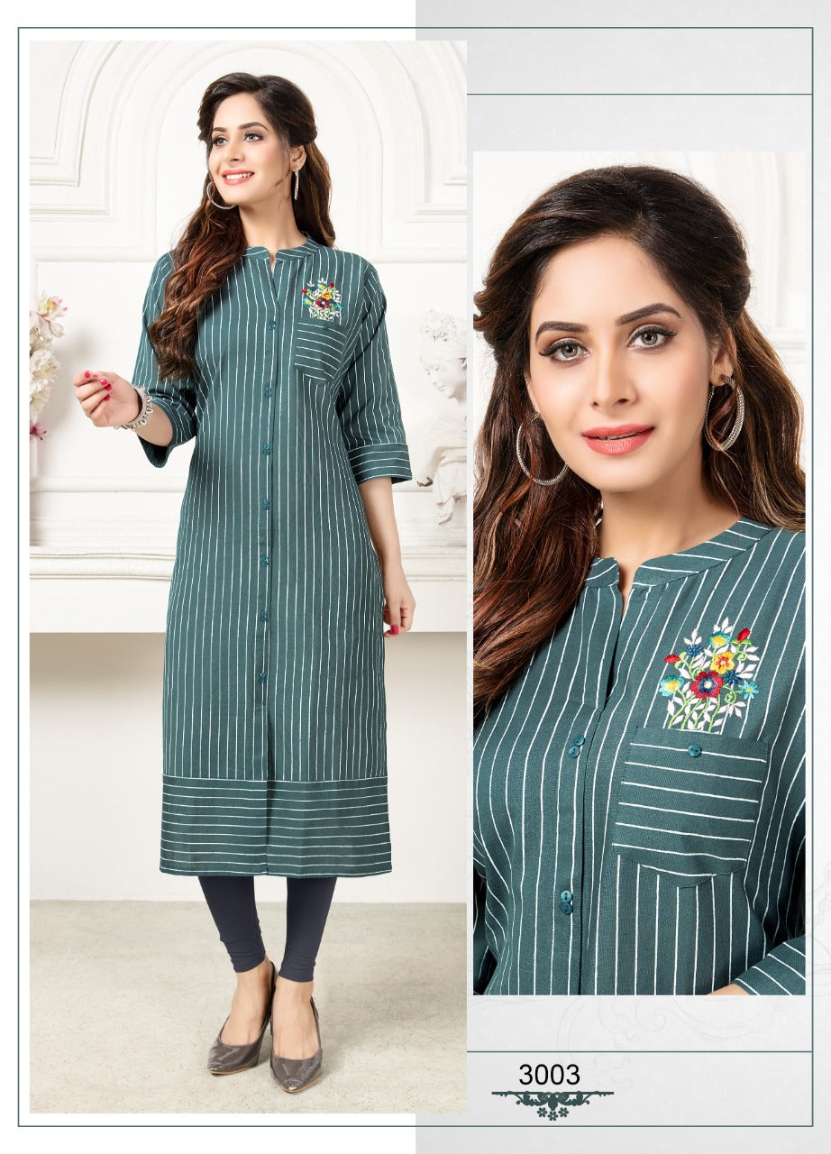 Teal Green Cotton kurti Chinese collar with Front buttons Embroidery work front cut Straight kurti