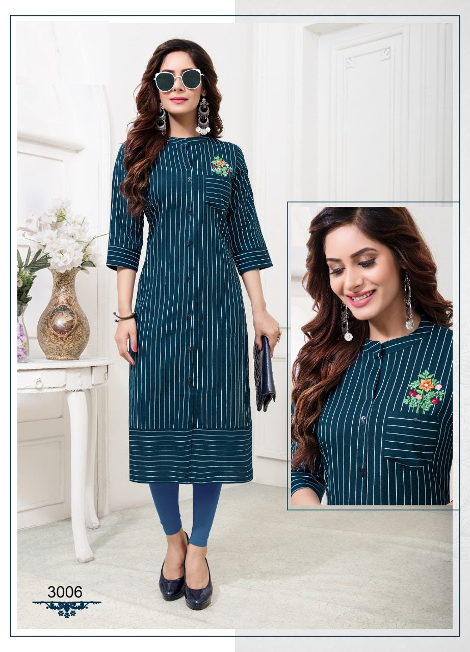 Dark Teal Green Cotton kurti Chinese collar with Front buttons Embroidery work front cut Straight kurti