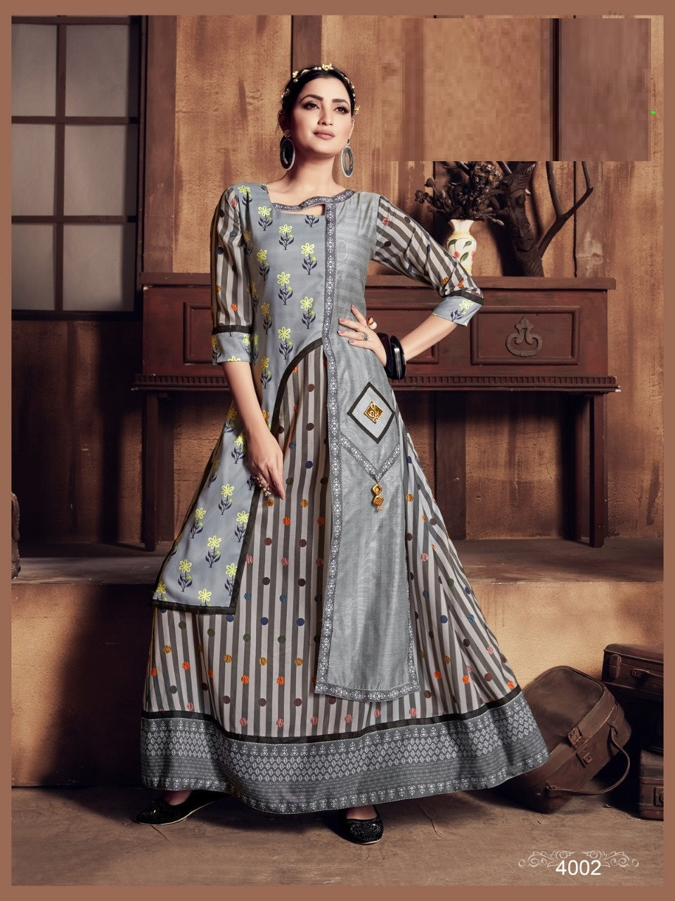 Light grey and Multicolor Muslin Digital printed Designer Stylish Ethnic wear floor length long gown