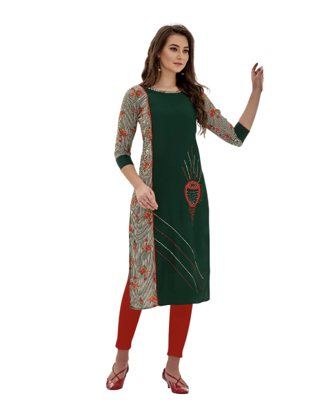 bottle green and multicolor heavy rayon embroidery work kurti