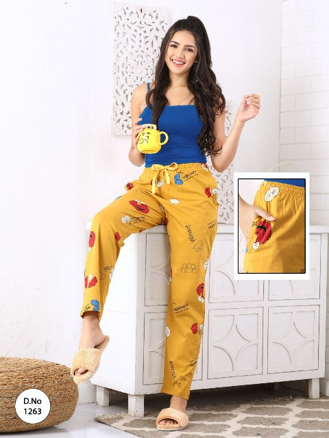Yellow Printed Hosiery Pyjama