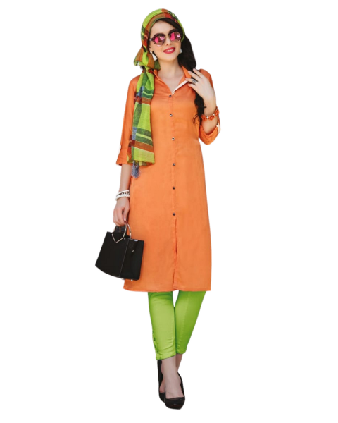 orange muslin satin kurti with green printed scarf