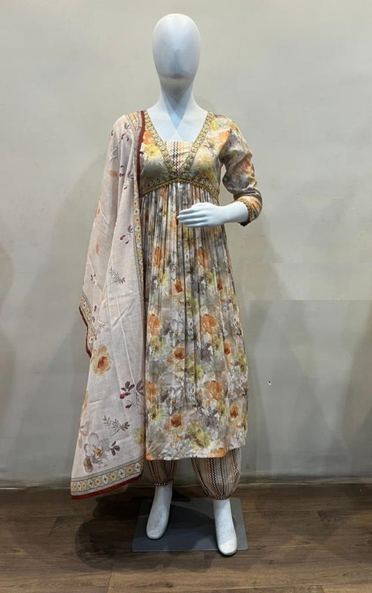 Cream & Yellow Flower Printed Alia Cut Suit - 5016
