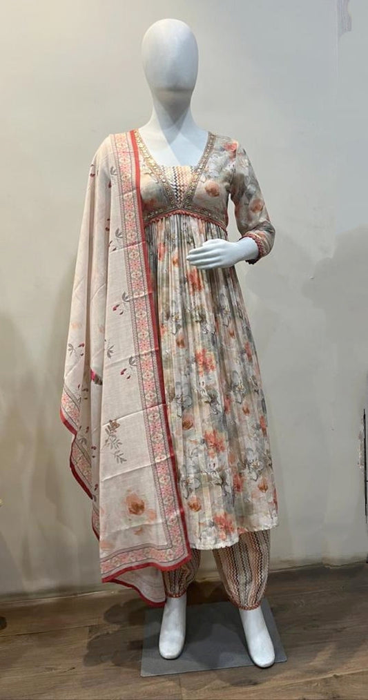 Cream & Orange Flower Printed Alia Cut Suit - 5017
