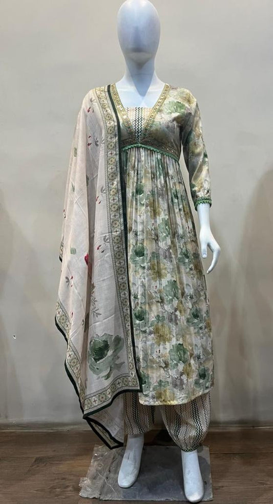 Cream & Green Flower Printed Alia Cut Suit - 5018