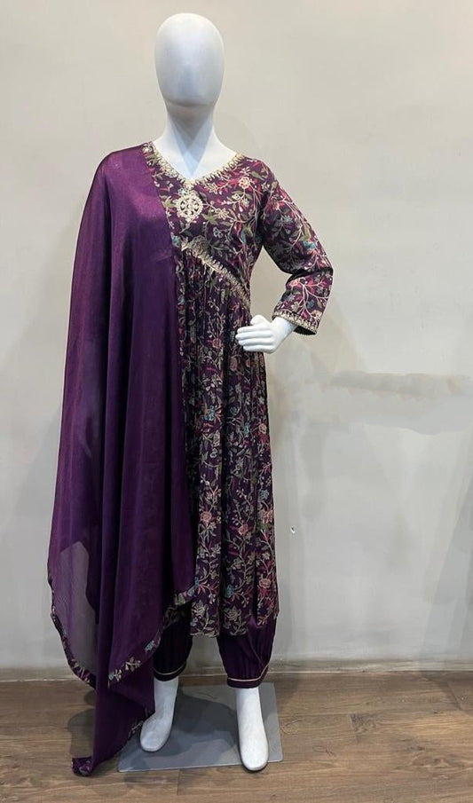 Wine Alia Cut Kurti Paired With Pathani Pant & Dupatta - 5022