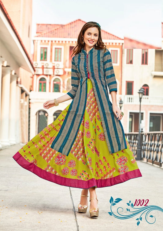 Light green Rayon Designer Kurti With Heavy Look and Beautifull Embroidered Peacock green separate Jacket