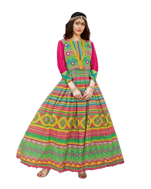 Pink, Green and Multicolor Printed Rayon Gown Kurti