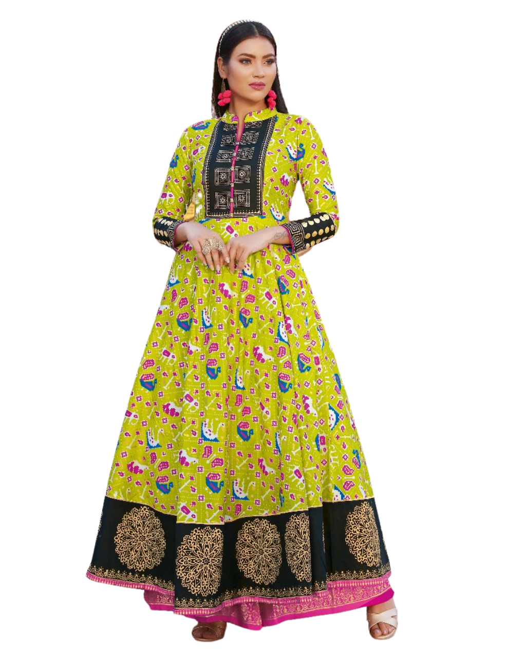 pista black and multicolor printed rayon gown kurti