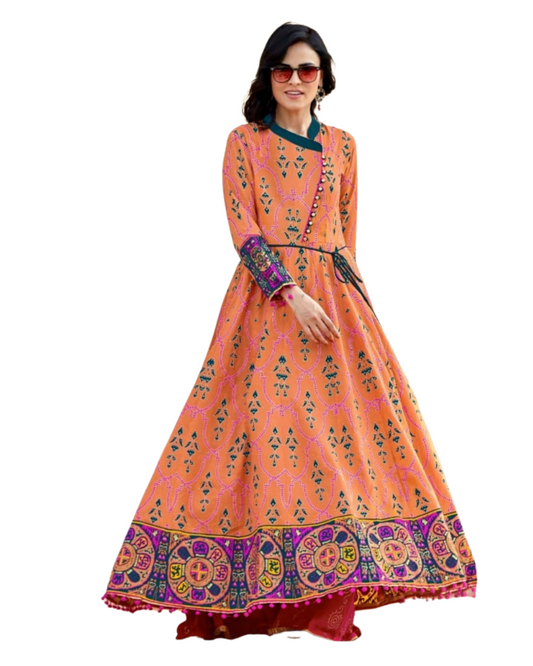 Peach, Blue and Multicolor Printed Rayon Gown Kurti