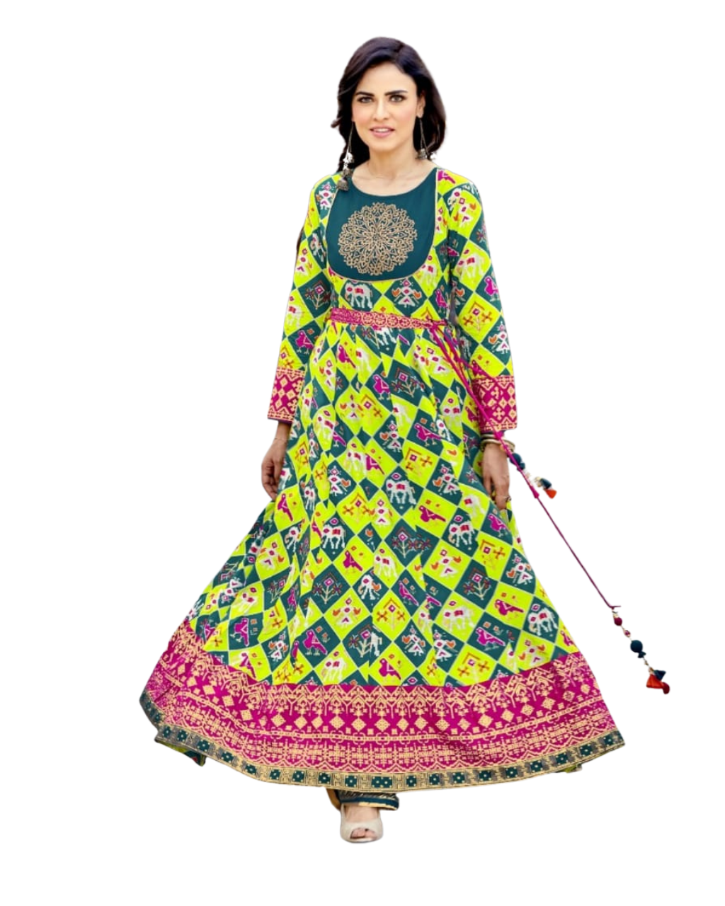pista dark green pink and multicolor printed rayon gown kurti