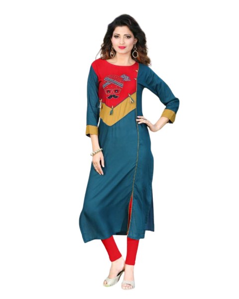 green and red muslin embroidery work kurti