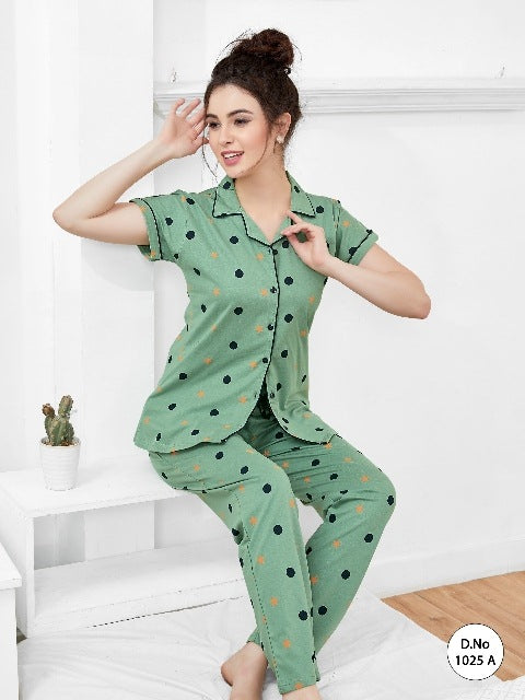 Button Down Shirt & Pyjama Set In Pista Green