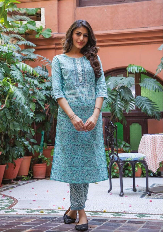 Green Gota Patti Work Printed Cotton Kurti with Matching Pant