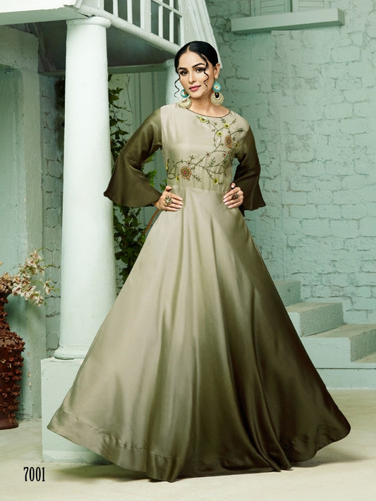 Dark Mehandi Green and Pista Shaded Silk Anarkali Kurti