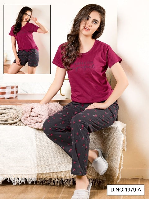 Deep pink and black cotton hosiery 3 Piece nightsuit sets