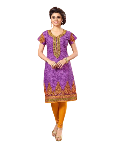 purple cambric cotton printed kurti with embroidery work