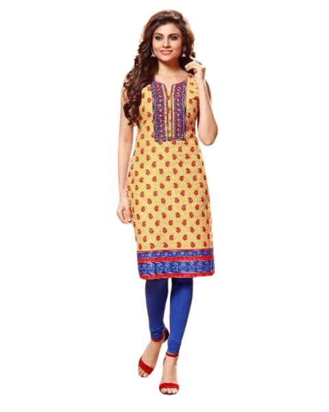 Cream Cambric Cotton Printed Kurti with Embroidery work