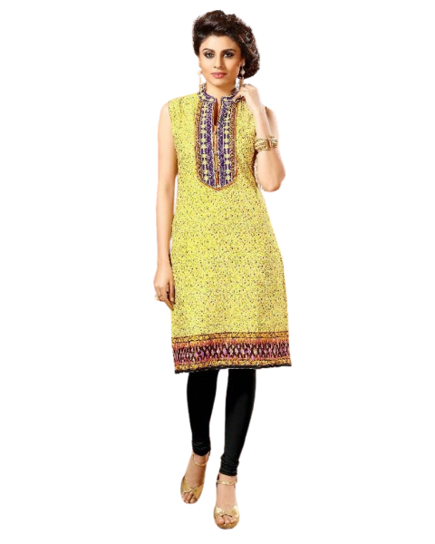 Yellow Cambric Cotton Printed Kurti with Embroidery work